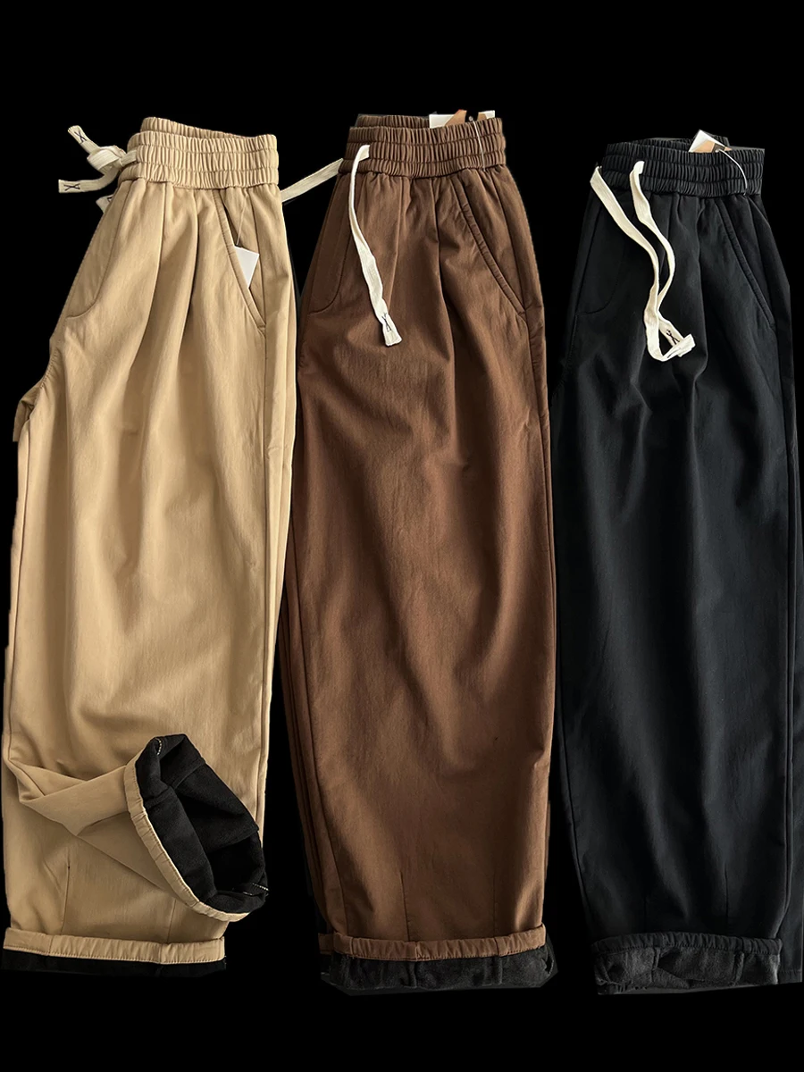 

Thiened Fce Lined Straight Leg Pants Loose Fit Pure Cotton Warm Wide Leg Workwear Autumn Winter Men's Casual Trousers