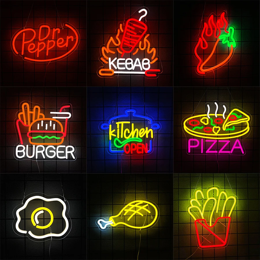 Kitchen Open Neon Sign for Wall Decor,LED Burger Pizza Neon Lights Signs for Business Store  Restaurant Home Kitchen Fast Food