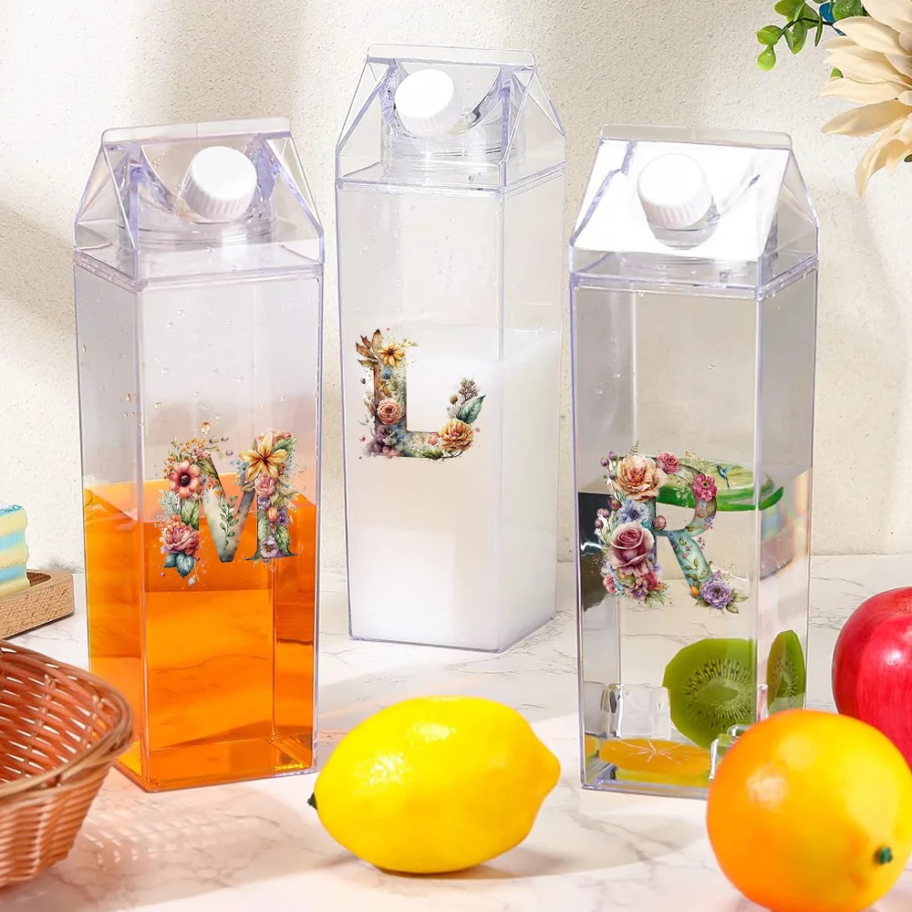 

1000ml Transparent Milk Cup Orange Juice Storage Bottle Plastics Drinking Jug Square Water Bottle Floral Letter Pattern