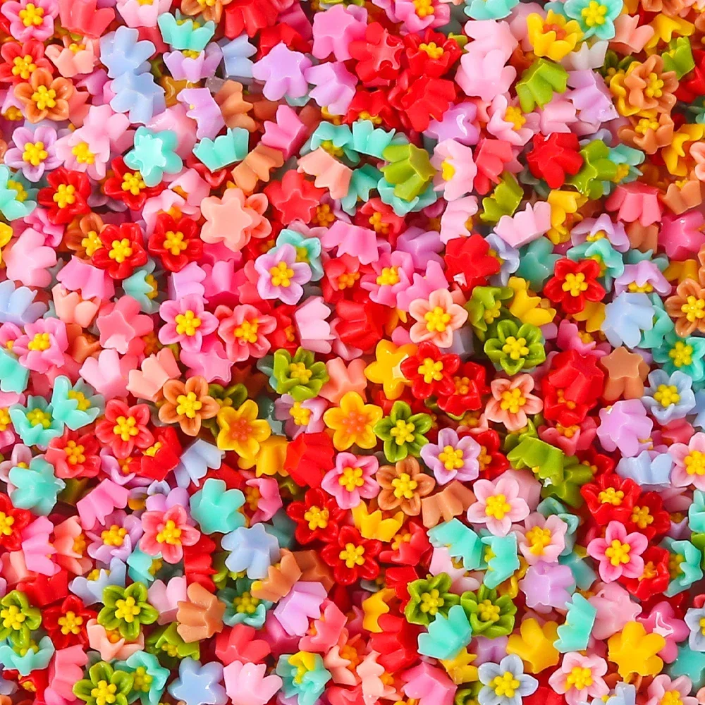 100Pcs Colorful Mini Mixed Flowers Flat Back Resin  Flower Cartoon DIY Jewelry Charms Craft Decoration Girl Nail Art Decoration