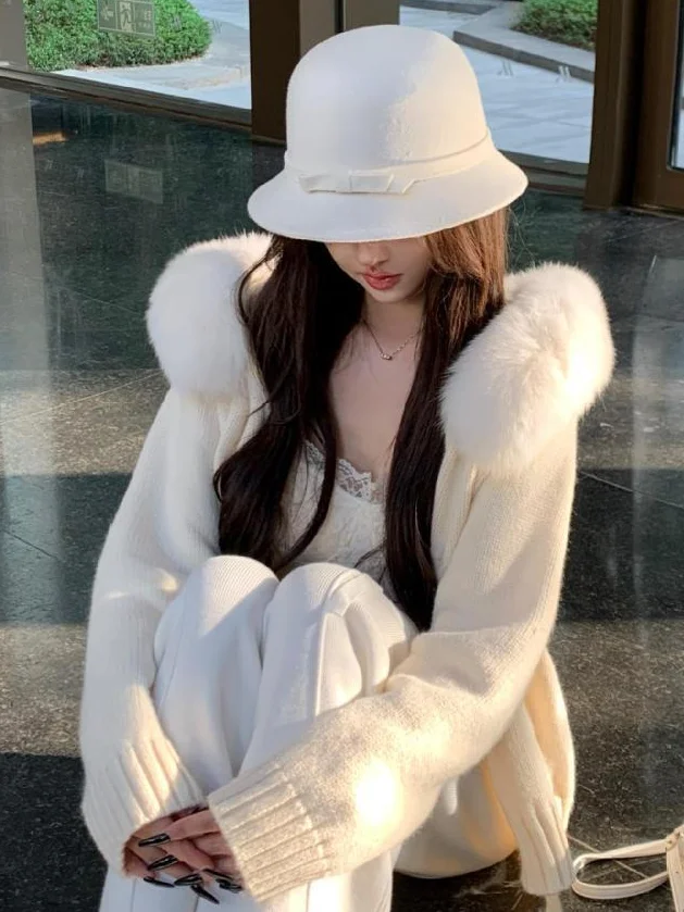 

Женский вязаный кардиган из искусственного меха в стиле пэчворк с капюшоном, повседневный однотонный кардиган на молнии с длинными рукавами, свободные теплые короткие кардиганы, женский уличный свитер