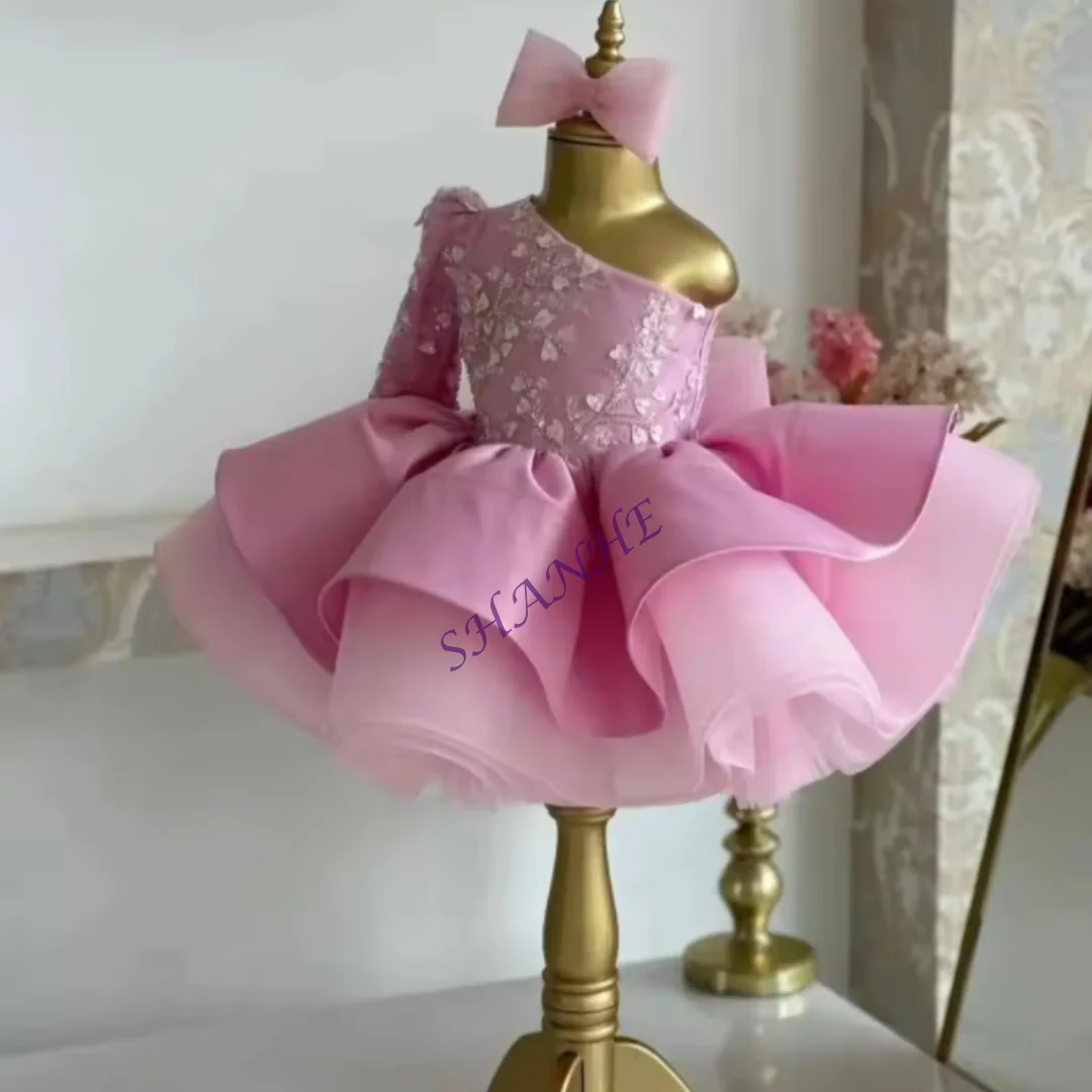 الوردي زهرة فتاة فساتين مخصصة كتف واحد مطرز الاطفال الأميرة عيد ميلاد حزب أثواب القمامة الفتاة فستان المسابقة