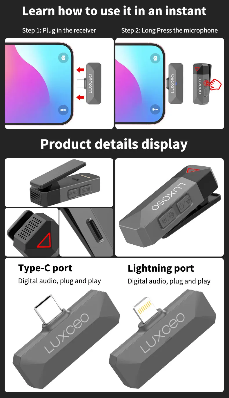 LUXCEO M8 Wireless Lavalier Microphone System with Charging Case Audio Video Recording Mini Mic for iPhone Android Phones