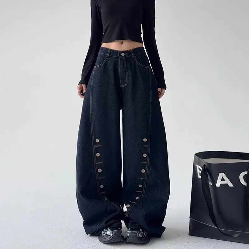 

Women's Designer Multi-Button Slanted Pocket Denim Pants, 2025 Autumn/Winter New Lazy Style Floor-Length Pants