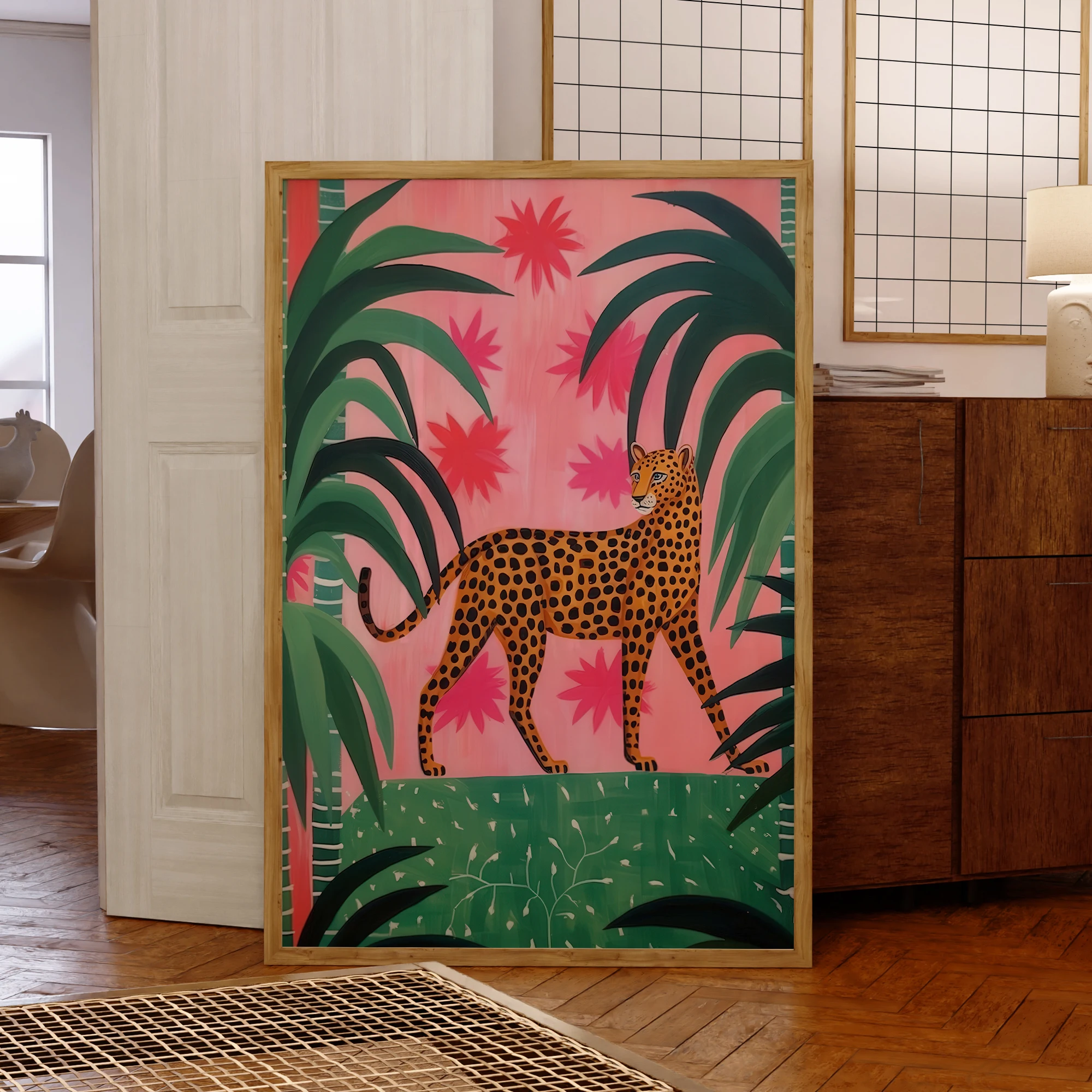 Pink And Green Cheetah In The Jungle Matisse Style Wall Art Prints Canvas Painting Poster Picture For Living Room Home Decor