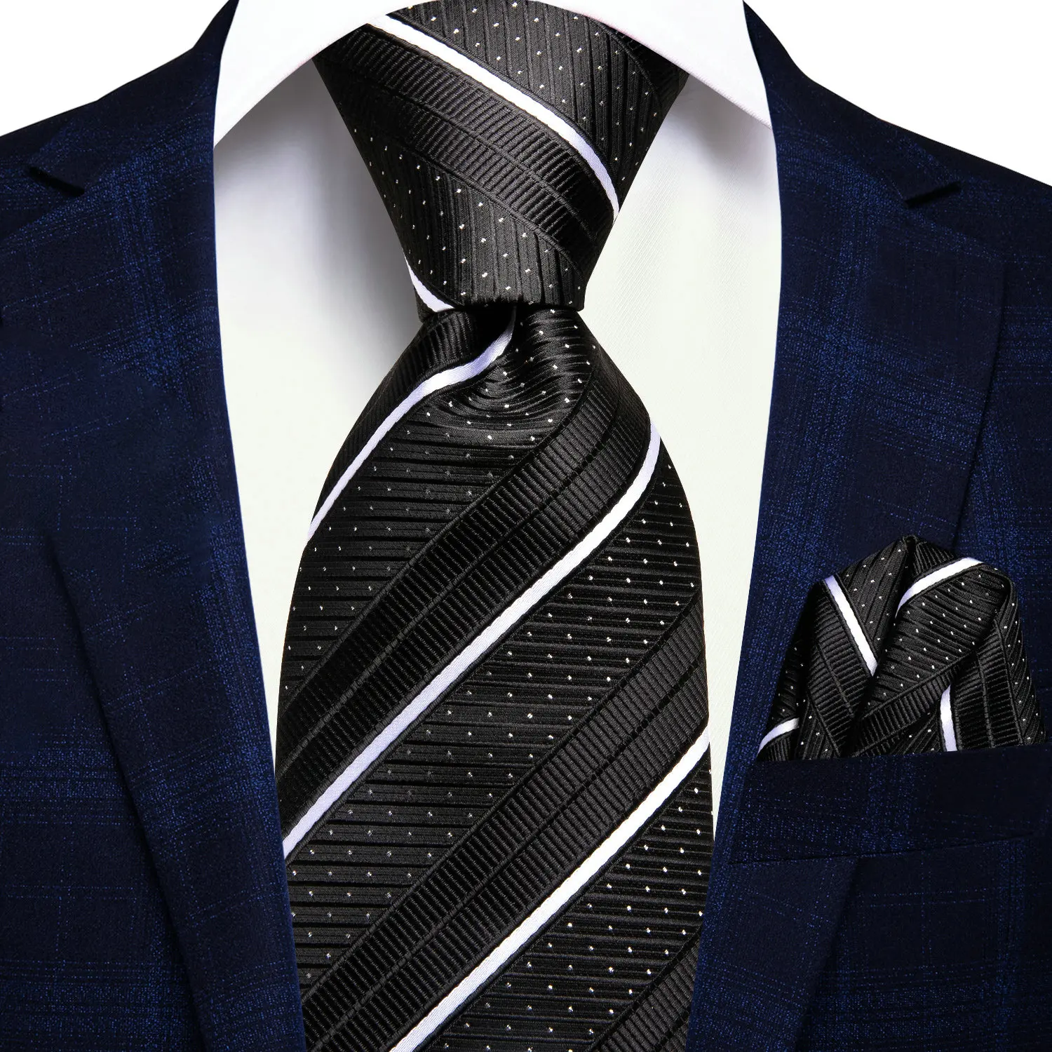 VERVEROW Black White Striped Dots Necktie Pocket Square Set Mens Formal Neckwear for Wedding Business Office Suit
