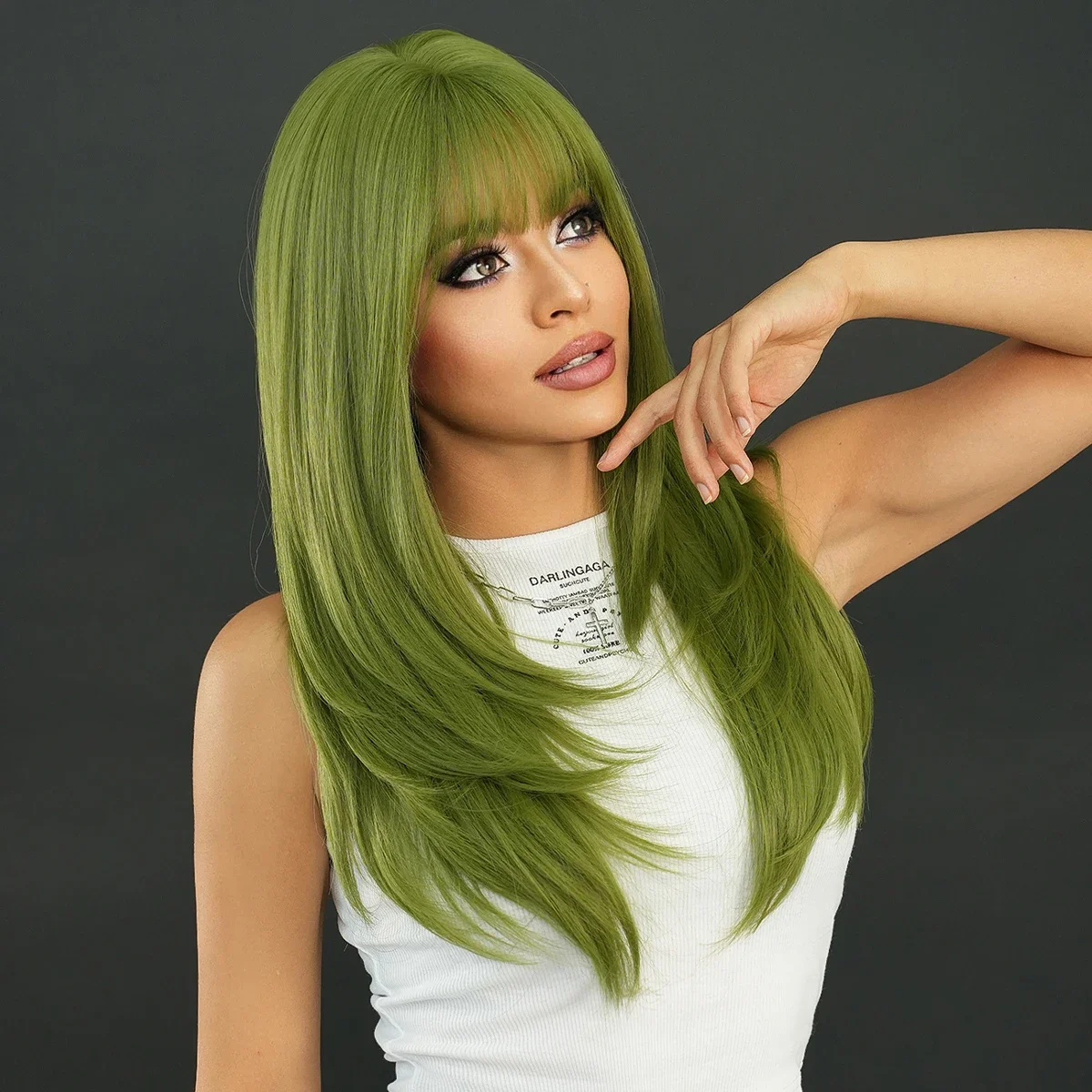 Peluca verde larga y recta para mujer, pelo sintético Natural suelto en capas con flequillo de cortina, pelucas de Cosplay de vainilla de alta