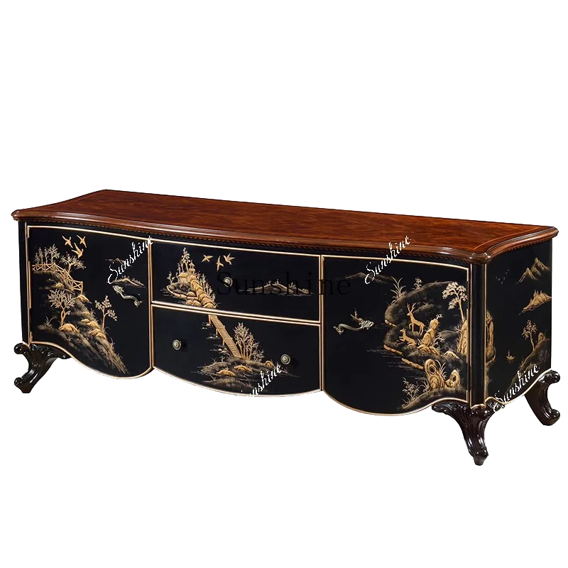 

European black gold painted large solid wood carving flower TV floor cabinet furniture FT