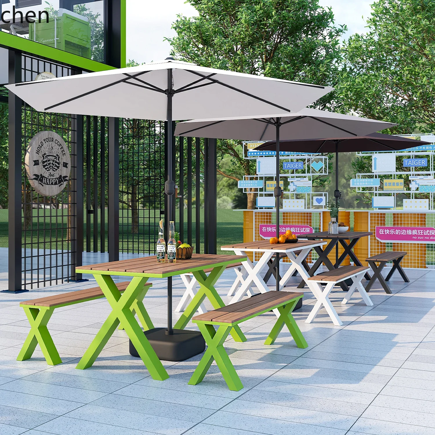 HT Outdoor Table and Chair Set Iron Art Leisure Table and Chairs Commercial Cafe Milk Tea Shop Long Table and Chairs