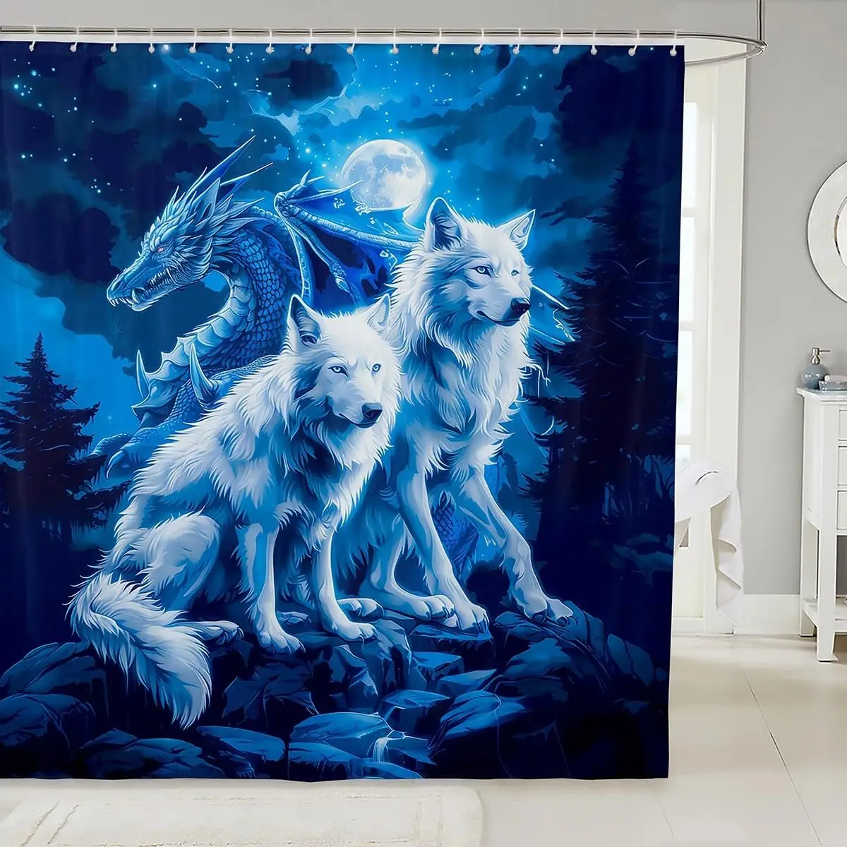 Decoración de baño de lobo y dragón, juego de cortina de ducha de cielo estrellado de galaxia azul para niños, juego de baño de dragón gótico occidental