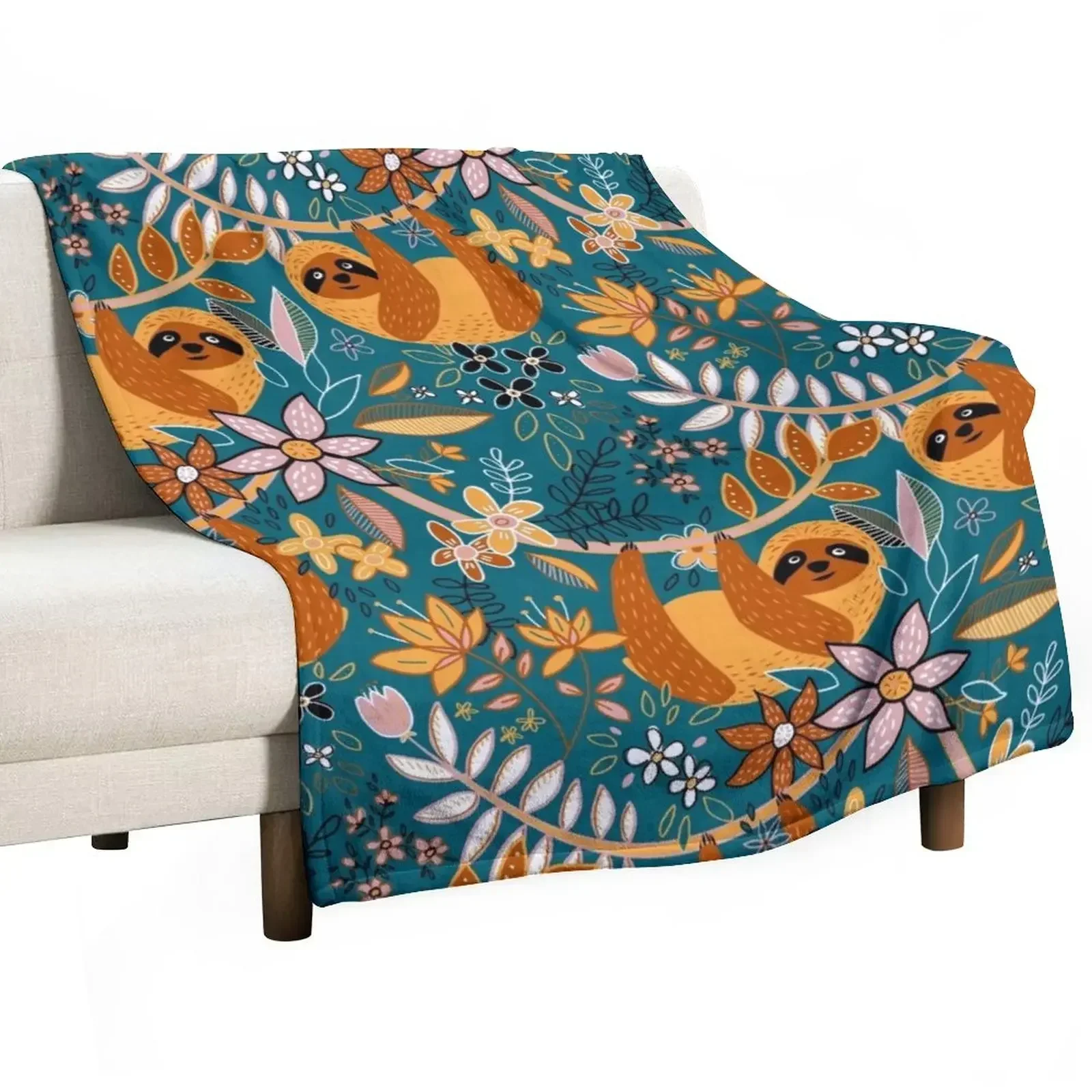 

Happy Boho Sloth Floral Throw Blanket Polar Single Bed linens Blankets