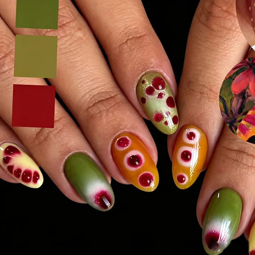 24pcs Autumn Green Orange Press On Nails Red Berry Dot Design False Nail Short Almond Full Coverage Nail Tips for Women&Girl