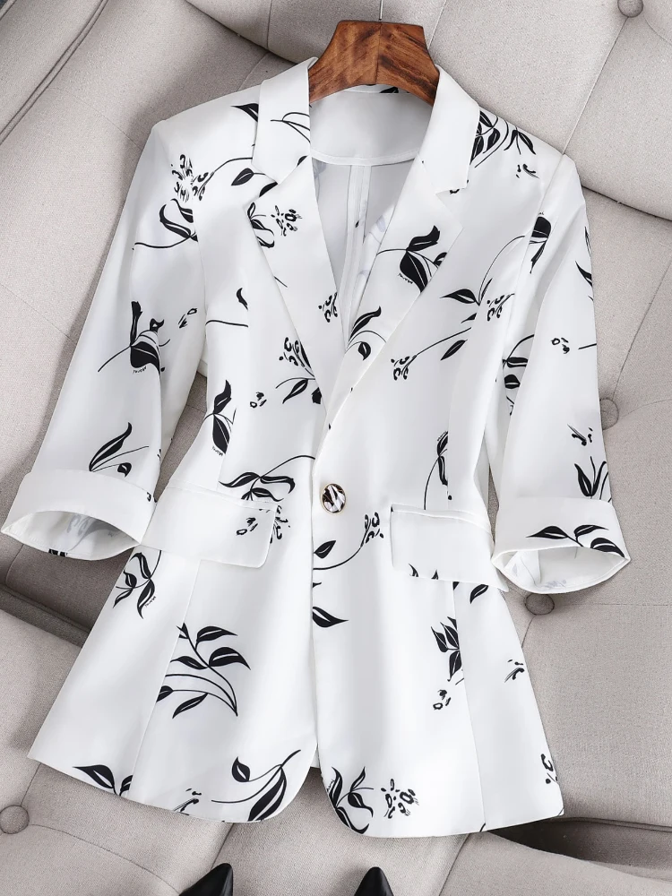 

Summer Thin Printed Blouse Women's Suit Jacket Large Size No Ironing Three-Quarter Sleeve Mom Small Western Style Polyester