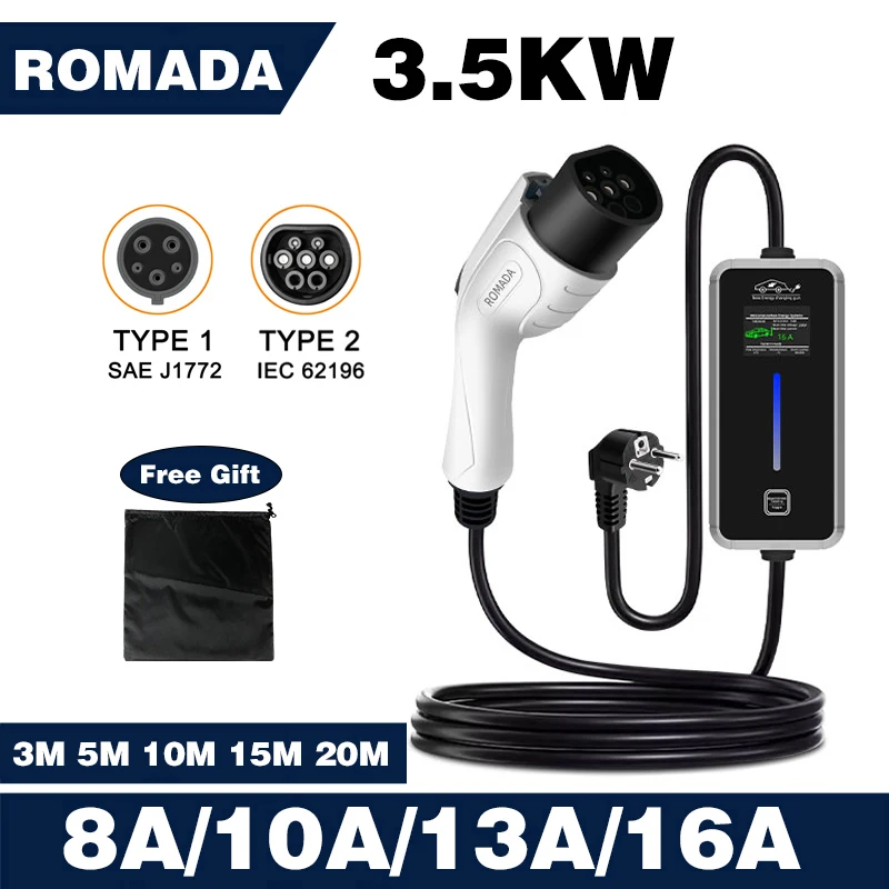 Przenośna ładowarka ROMADA 3.5KW 16A EV 3.0M 5M 10M 15M 20M Kabel Typ 1 Typ 2 IEC62196 EVSE Adapter Wallbox do pojazdów elektrycznych