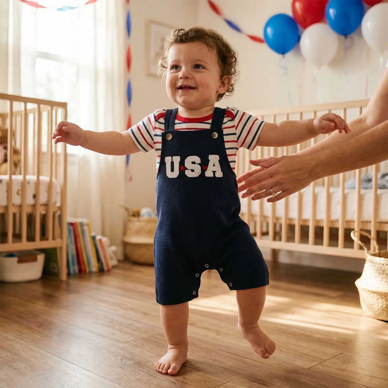 2Pcs Infant Girls Boys Outfit Independence Day Short Sleeve Crew Neck Striped Print Romper and Suspender Pants Set