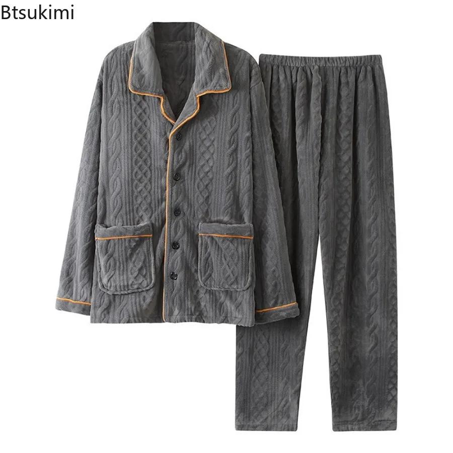 Autumn Winter Long Sleeve Thicked Warm Flannel Pajama Sets for Men Cozy Coral Velvet Sleepwear 2 Pieces Man Lounge Homewear Suit