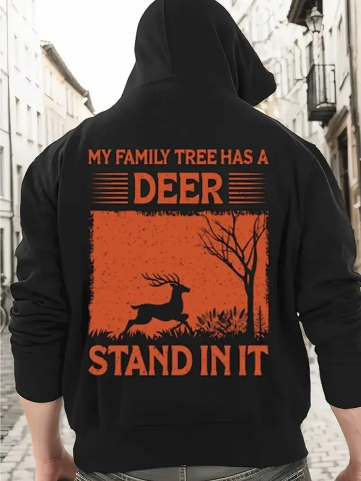 

Men's Fashion Casual Black Sweatshirt with Deer Family Print Pattern Pullover Thickened with Velvet Suitable for Holiday Gifts