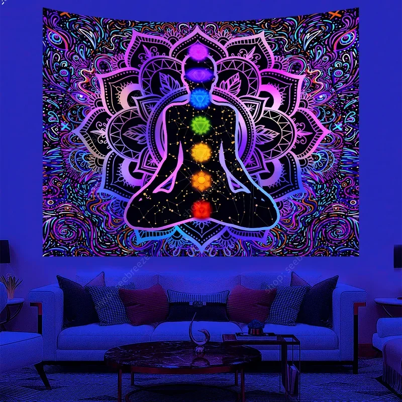 Boho Indian Buddha Yoga Mandala Uv Reactive Tapestry, Wall Hanging For Living Room Bedroom Office, Home Decor Room Decor