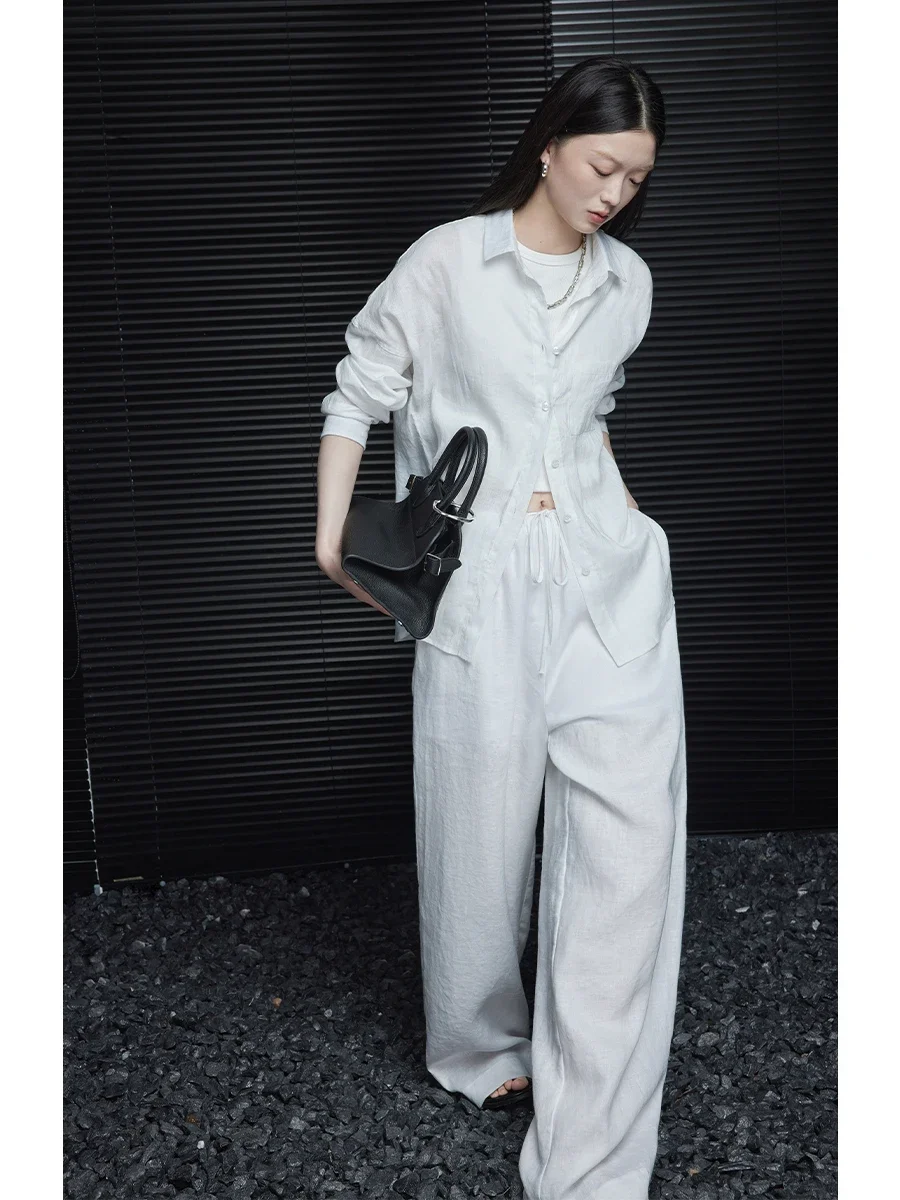 White Linen Wide Leg Pants Women's Summer  Loose Thin High Waist Draped Casual Straight Cut Street Sle Long Trousers