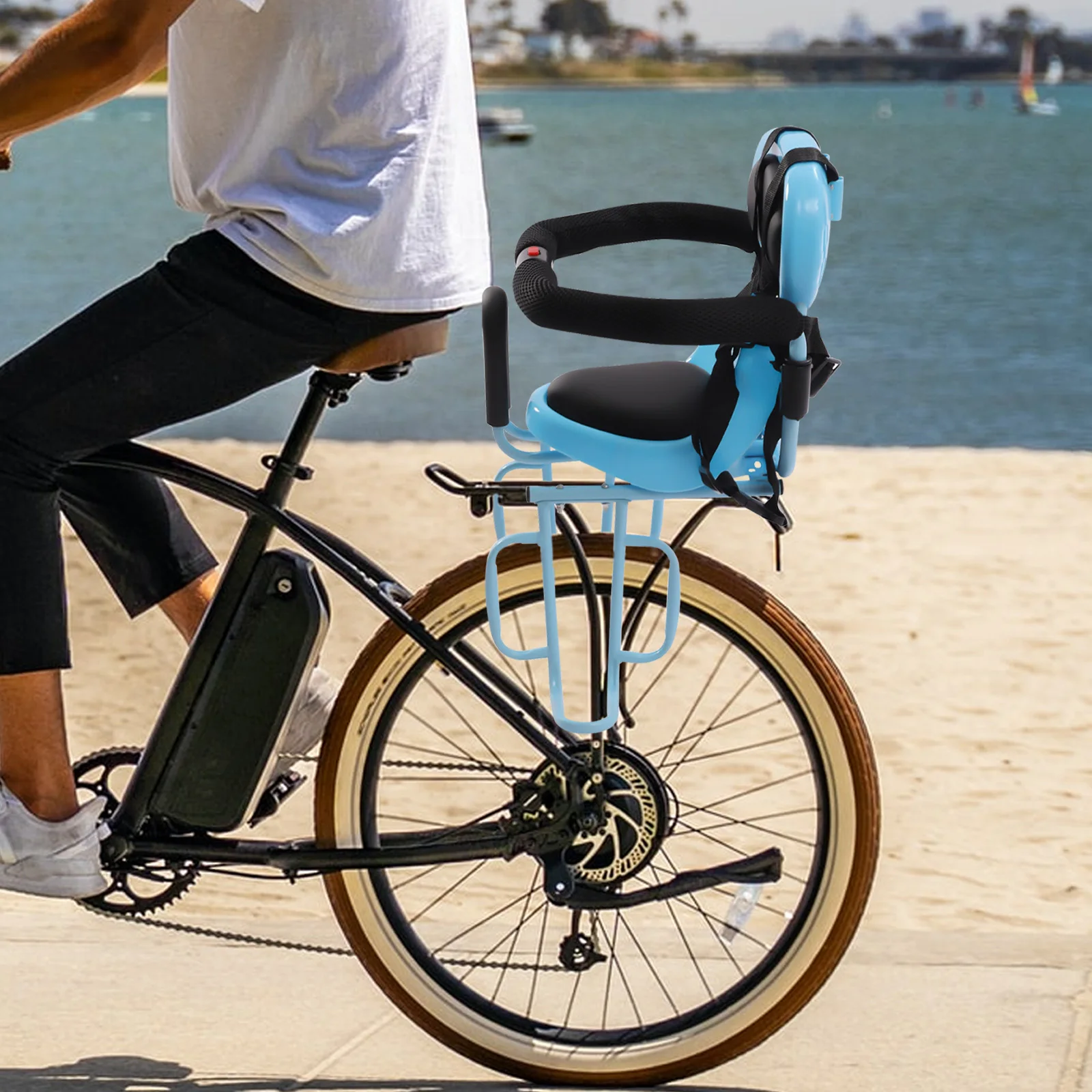 مقعد دراجة خلفي للأطفال مناسب للأطفال، مرفق مقعد سرج دراجة الأطفال الخلفي للدراجة للبالغين مع وسادة مقعد باللون الأحمر/الأزرق