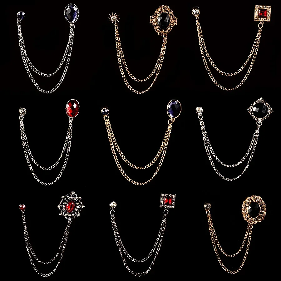 Nova moda metal strass broches masculino terno camisa borla corrente lapela pino e broche jóias luxulry roupas & acessórios