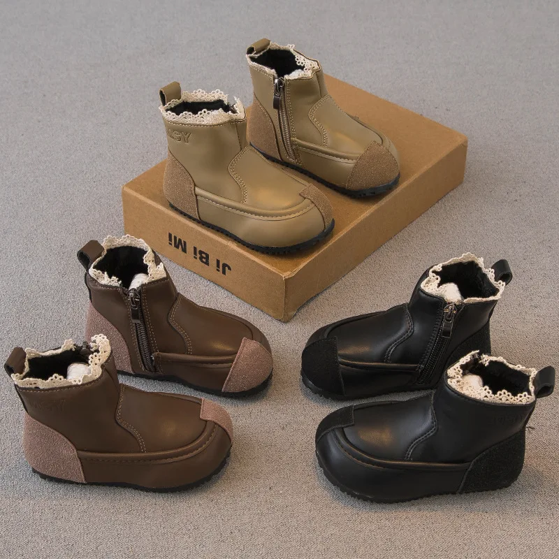 

Retro Girl Boot New Autumn Kids Shoe Lace Edge Princess Shoe Fashion Ankle Boot with Velvet Warmth Girl Winter Boots Botas Niña