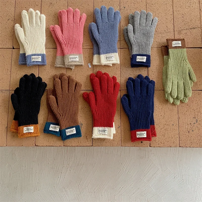 الكورية المرقعة الاطفال قفازات الشتاء الصوفية محبوك خمسة أصابع القفازات 8-16Year الأطفال قفازات شاشة اللمس صبي فتاة جهاز تدفئة محمول #6