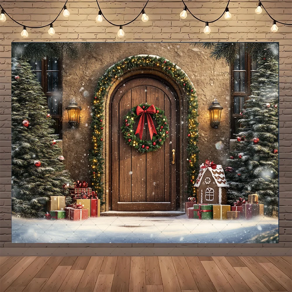 

Photography Background Winter Christmas Wooden Door Forest Xmas Tree Kids Family Portrait Decor Backdrop Photo Studio