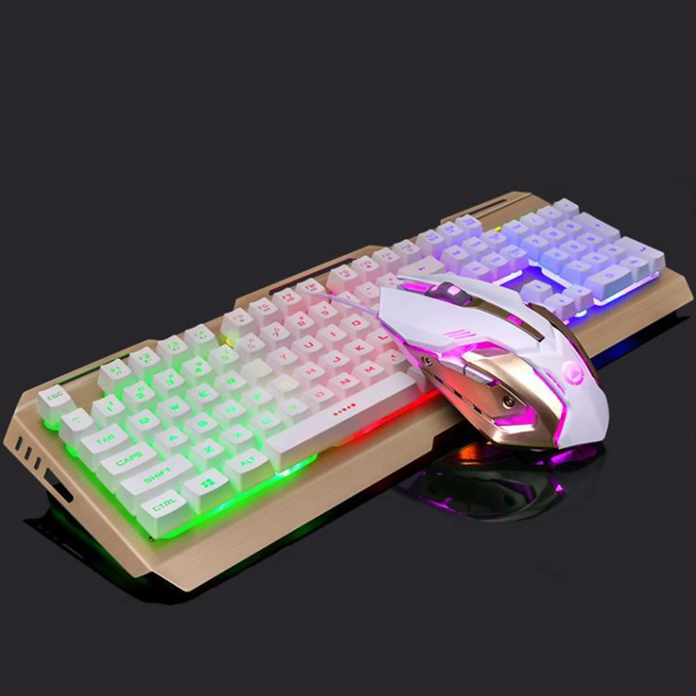 

Cool Led Backlit Usb Gaming Mechanical Keyboard Gamer Mouse Set Luxury Golden Metal Panel Retro Design Fade Resistant Keys
