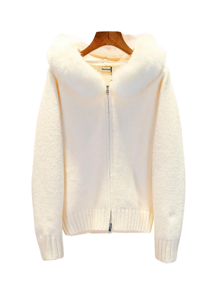 

Miumem Women's Knitted Cardigan Sweater with Fur Collar Gentle Sle Spring 2025 Commute Simple Design Long Sve Zipper