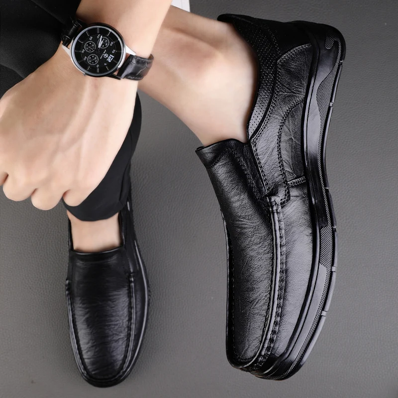 Men Genuine Leather Shoes Men Spring Loafers Slip on Business Casual Leather Shoes Classic Breathable Flats Shoe