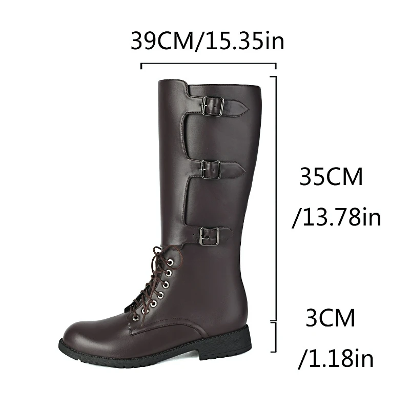 Men's Boots Belt Buckle Western Boots Retro Lace-up Pu Leather High Boots Outdoor Casual Shoes Designer Plus Size Mid-Calf Boot view 6