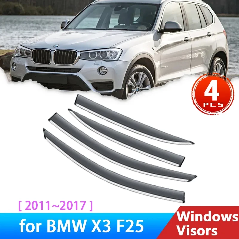 

Дефлекторы для BMW X3 F25 2011 ~ 2017 2012 2013 2016, аксессуары для лобового стекла автомобиля, козырек боковых окон, шило, отделка от дождя, солнца, ветра