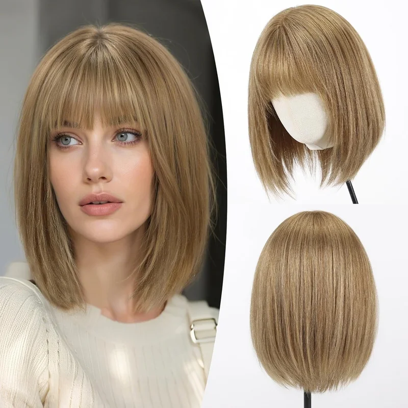 10 Inch Human Hair Wigs with Bangs for Women Blonde Brown Mix None Lace Wigs