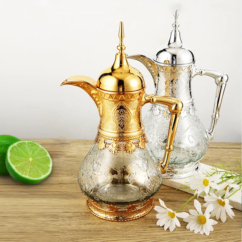 

Glass Water Carafe Large Capacity Middle East Style Kettle Golden Embossed Elegant Water Jug Pitcher Retro Juice Glass Bottle