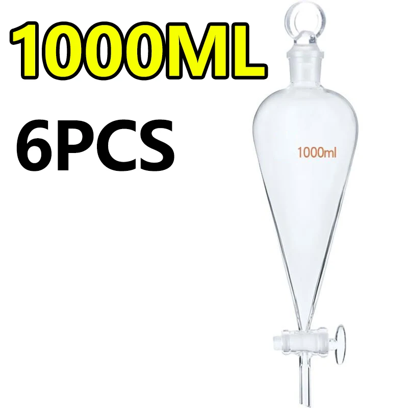 6 pieces 1000ml pear-shaped separatory funnel, glass piston/PTFE piston, high borosilicate glass, dripping scale funnel
