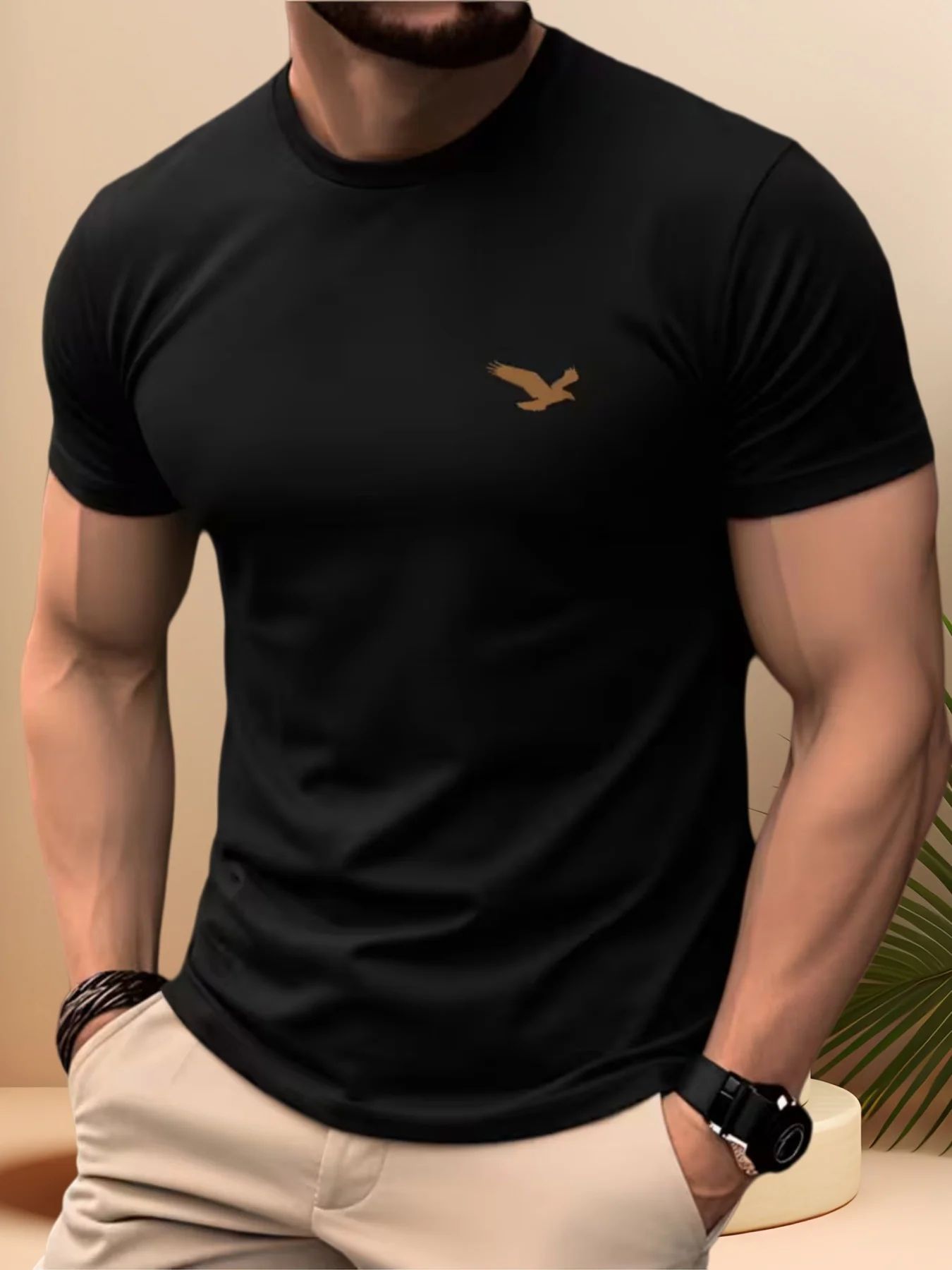 Minimalist Eagle Logo Print Short-Sleeve T-Shirt - A Versatile Basic Top for Men's Minimalist Business Casual Style. 