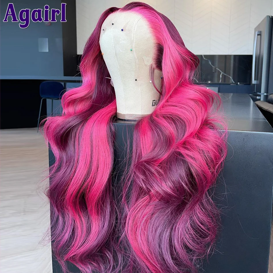 Agairl-Lace Frontal Cabelo Humano Perucas, Onda Do Corpo Peruca, Transparente Lace Encerramento Peruca, Rosa Rosa Roxo Colorido, 13x6, 5X5