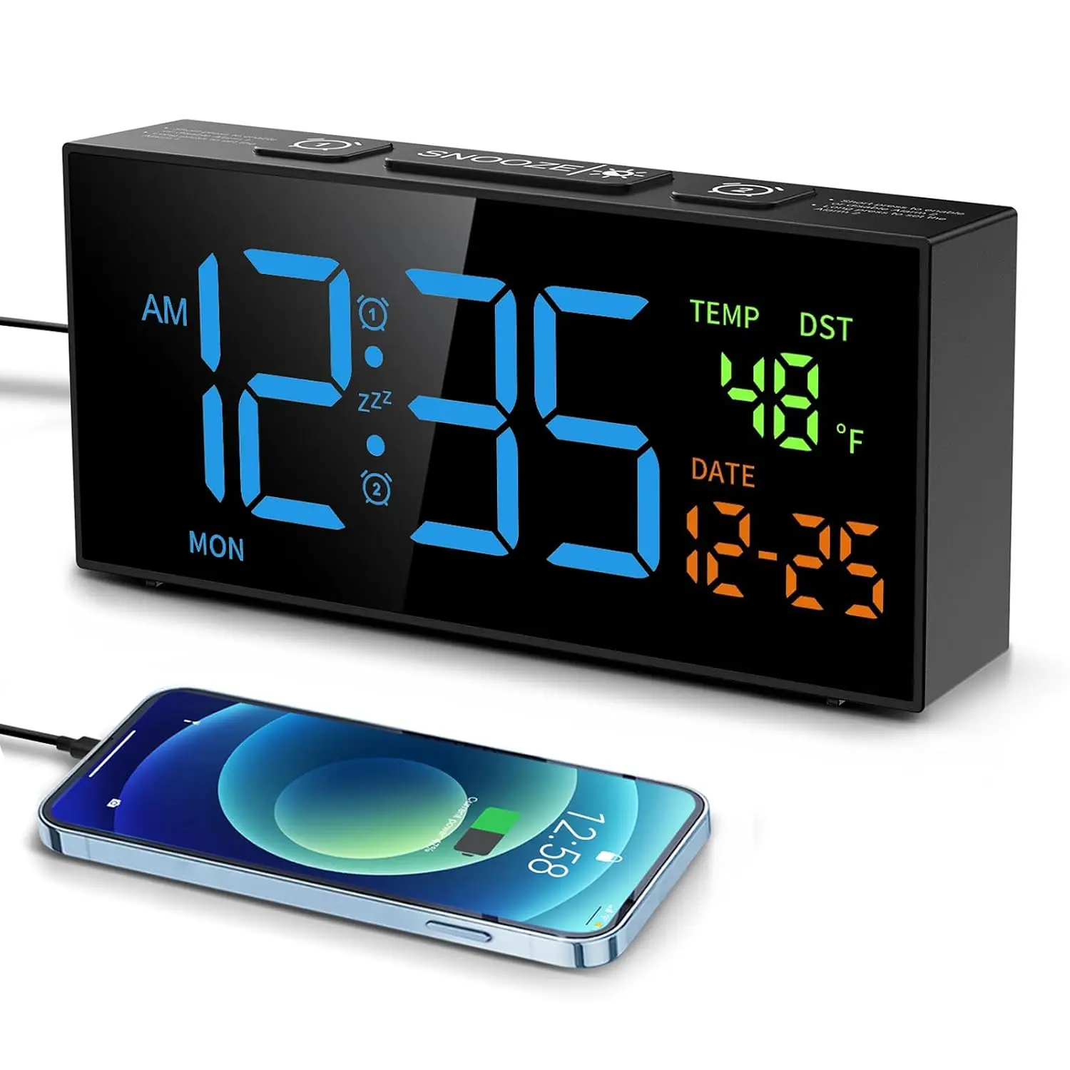 Alarm Clocks for Bedrooms, Digital Clock with Date Temperature and Weekday, Manual DST, Snooze, 2 Alarms, 4 Volumes, Customized