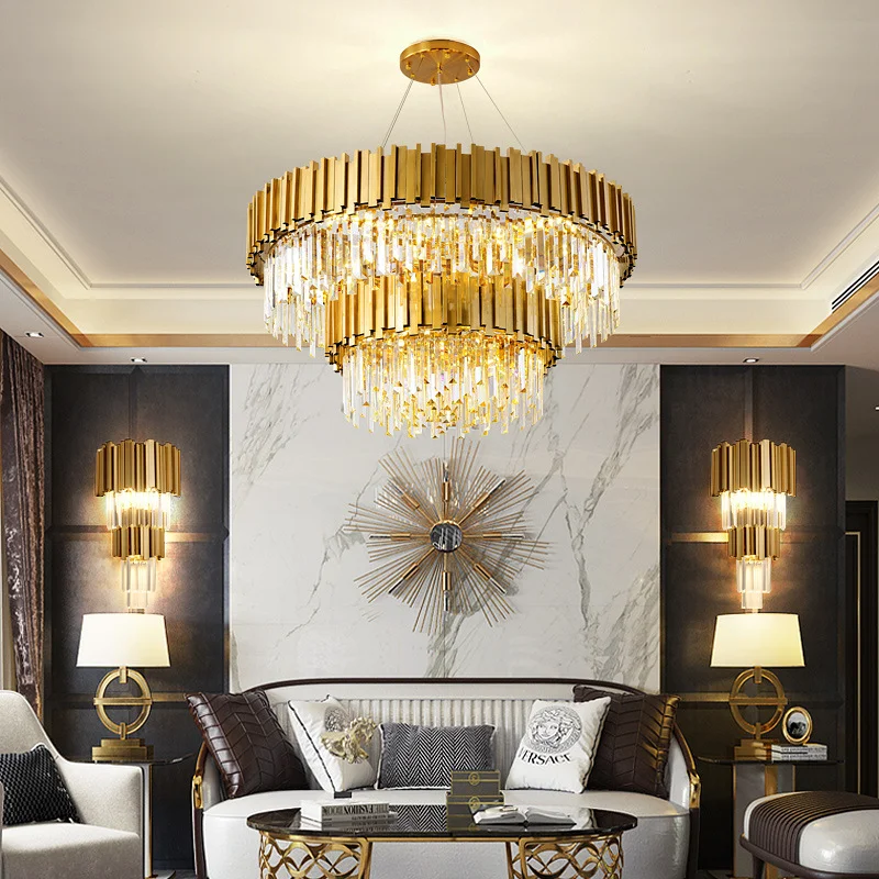 

LED Gold Chrome strip Crystal Ceiling Chandeliers Luxury Multi-Level Large Lamp Hotel Lobby Living Room Hanging Light