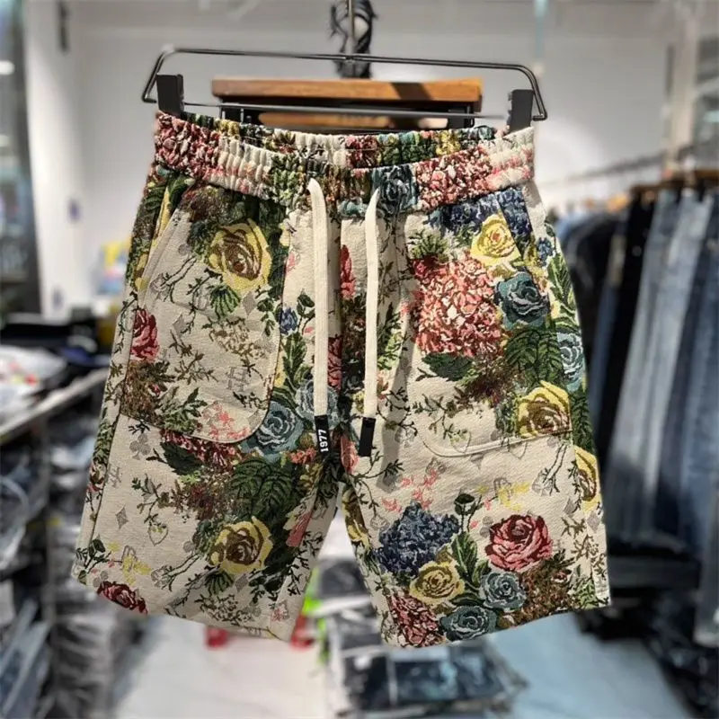 Extra Large 300 Pou New Floral Painted Rose Print Dstring orts Men's Summer Loose Five-Quarter Mid-Pants Casual Youth