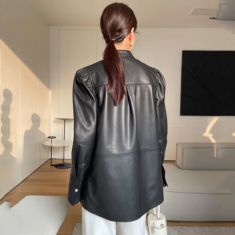 Spring Leather Sheepskin Coat Women\'s Medium and Long Slim fit Belt Puff Sleeve Jacket Fashion Motorcycle Genuine Leather Coat