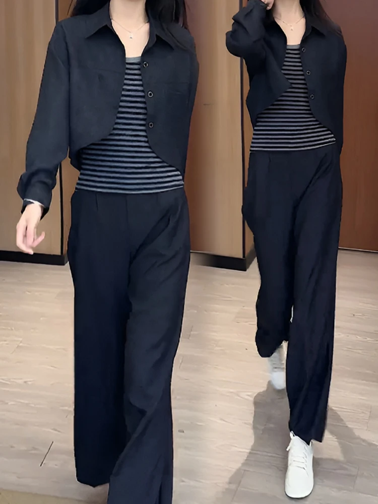 

Fashionable Casual Denim Jacket Striped Base Shirt Wide Leg Pants Three Piece Set for Women Spring Autumn New Arrival
