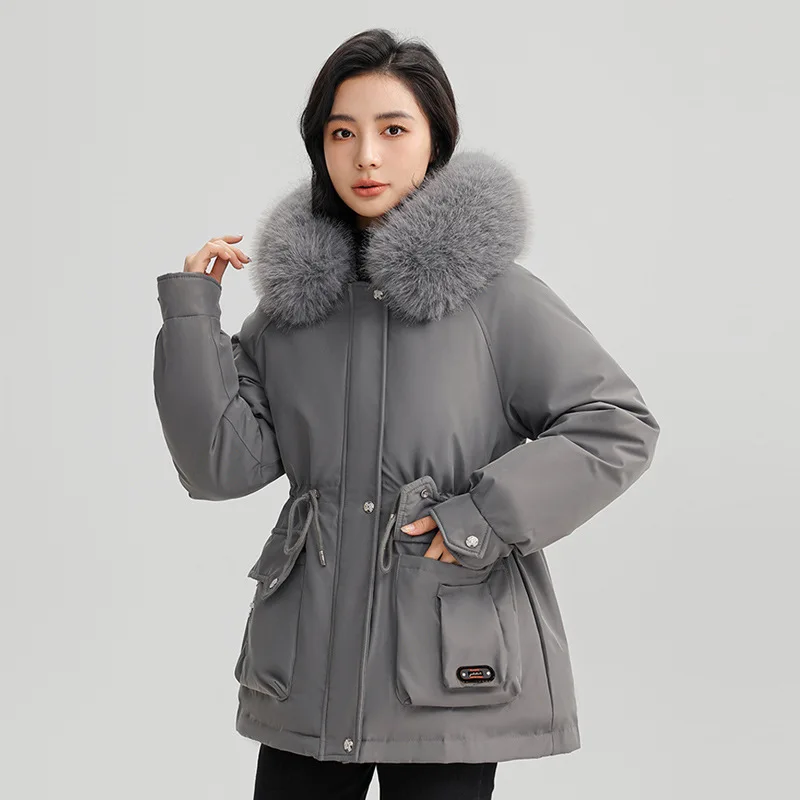 Parkas Women Mid Length Coats Hooded Fur Collar Jackets Drawstring Tight Waist Thick Y2k Streetwear Elegant Autumn Winter 2025
