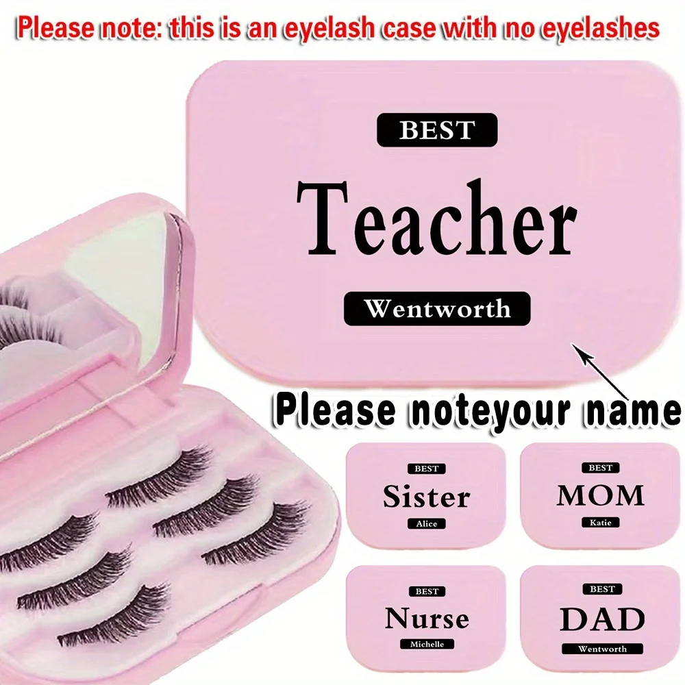 Customized Name Pink Portable False Eyelash Storage Box with Mirror, Travel Lash Organizer Case Holds 3 Pairs Fake Eyelashes