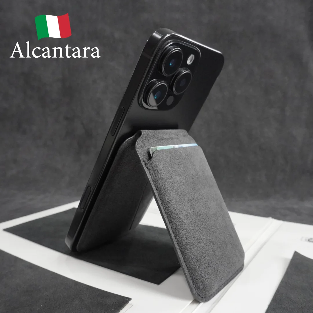 

Foldable Stand Genuine Italy import Alcantara Leather Wallet with MagSafe Magnetic Card Holder For iPhone 17 16 15 14 13 Pro Max