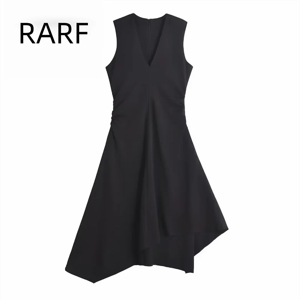 

2024 women's new product temperament socialite style slim fit V-neck sleeveless pleated asymmetric dress