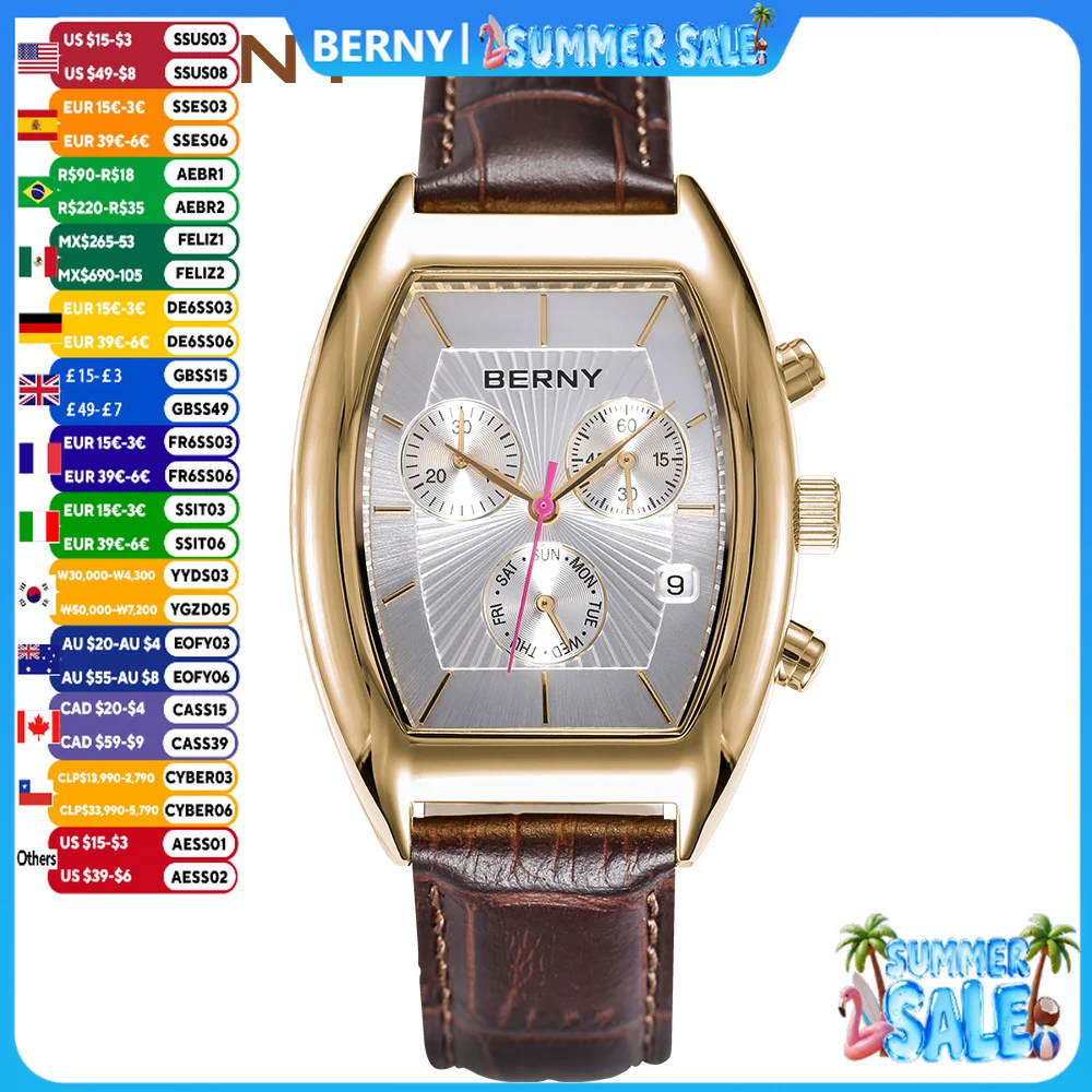 

BERNY Men's Watch Classic Tonneau Quartz Chronograph Watches for Men Multifunction Dial Vintage-Style Business Dress Wristwatch