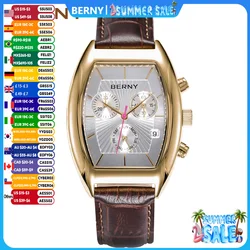 BERNY Men's Watch  Classic Tonneau Quartz Chronograph Watches for Men Multifunction Dial Vintage-Style Business Dress Wristwatch