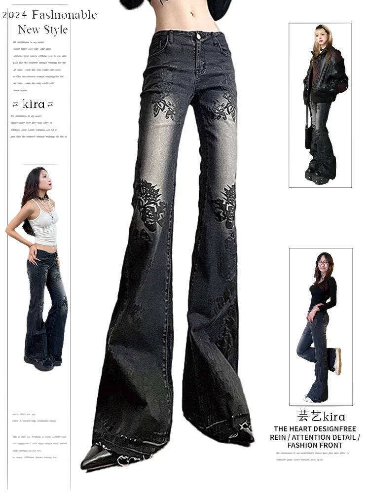 Vintage Y2K Streetwear Flare Jeans Women Highstreet Low Rise Slim Stretch Denim Pants Floral Print Washed Dark Academia Outfit